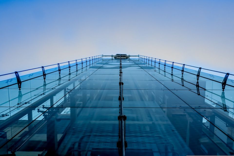 Facade of the glass tower in front of the Reina Sofia