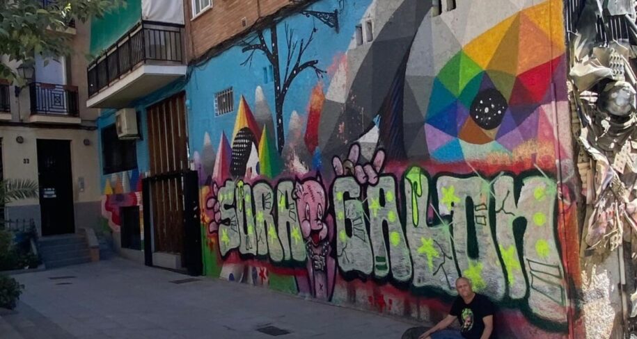 Okudart mural tagged over in Lavapiés