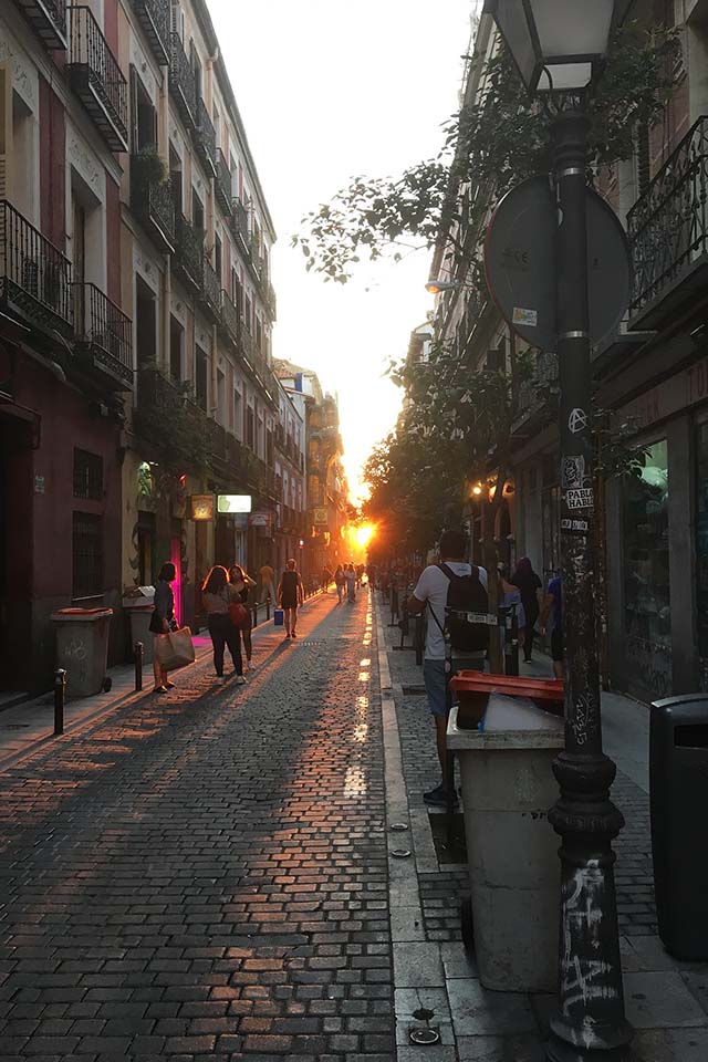 Sunset in the city center streets