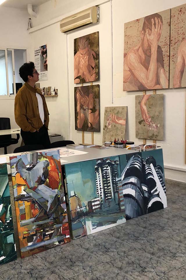 exploring painted canvas at an artist studio